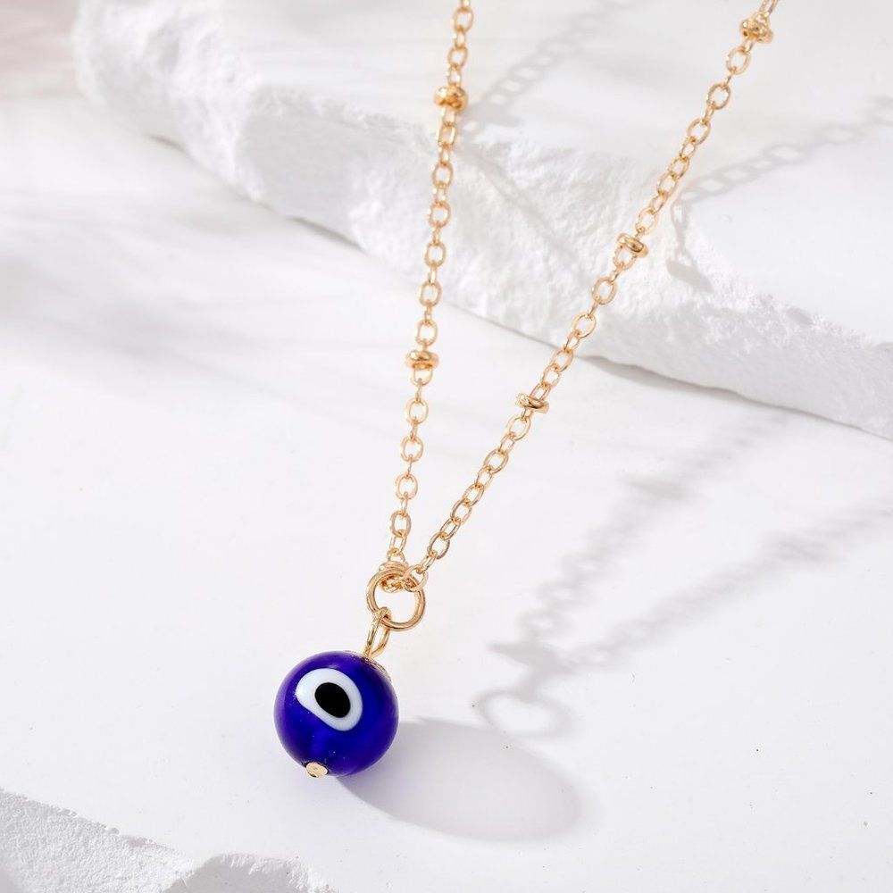 Simple Gold Tone Evil Eye Glass Pendant Necklace